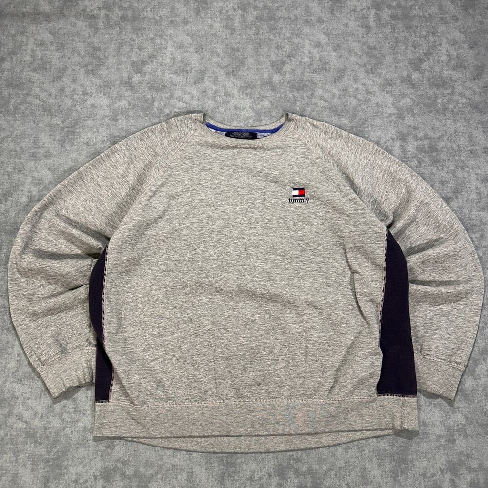 Vintage 90s Tommy Hilfiger Raglan Crewneck Sweatshirt Gray Navy Flag Logo XL